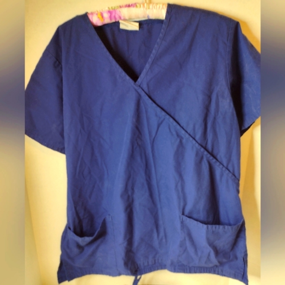 Allheart Scrub Basics Solid Blue Scrub Top Shirt Size Large Tie back (U1).